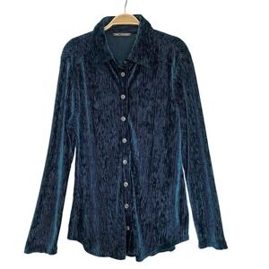 Vintage 70s SNOSKINS Ribbed Velvet Shirt Women XL Teal Long Sleeve Button Up USA